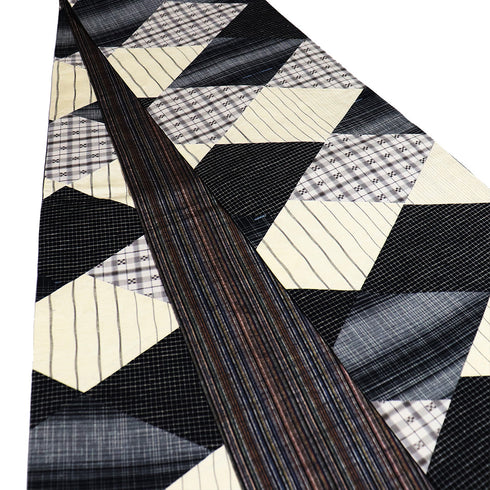 袋帯 リサイクル 帯丈442cm 全通 リバーシブル 菱形つなぎ柄 パッチワーク ストライプ ブラック Mサイズ 正絹 新品・未使用品 カジュアル