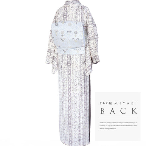 小紋 リサイクル 身丈161.5cm 裄67.6cm 袷 デザイン縦縞柄 地紋 アイボリー Lサイズ お洒落 カジュアル 正絹 広衿 Sランク