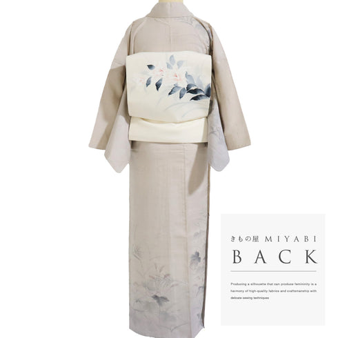 訪問着 リサイクル 身丈157cm 裄64.8cm 単衣 墨絵に草花柄 生紬 結城紬 ベージュ Mサイズ お洒落 正絹 バチ衿 Sランク