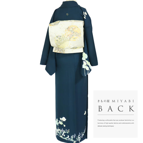 訪問着 リサイクル 身丈158cm 裄66.4cm 袷 秋明菊に萩や蝶柄 グリーン Mサイズ セミフォーマル お洒落 一つ紋 正絹 広衿 Sランク