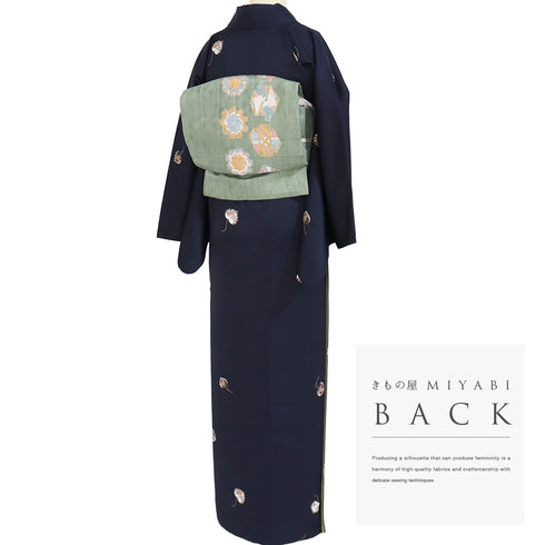 小紋 リサイクル 身丈164.5cm 裄68.4cm 袷 葵柄 地紋 ネイビー Lサイズ お洒落 カジュアル 正絹 広衿 Sランク