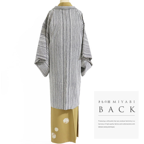 羽織 リサイクル 身丈102.5cm 裄63.8cm 袷 ロング丈 デザイン縞 たたき アイボリー Sサイズ お洒落 カジュアル 正絹 Sランク