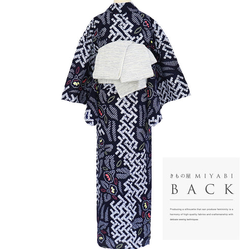 浴衣 リサイクル 夏着物 身丈152.3cm 裄62cm 夏物 絞り 花柄 ネイビー Sサイズ カジュアル しつけ糸 木綿 洗える着物 バチ衿 Sランク