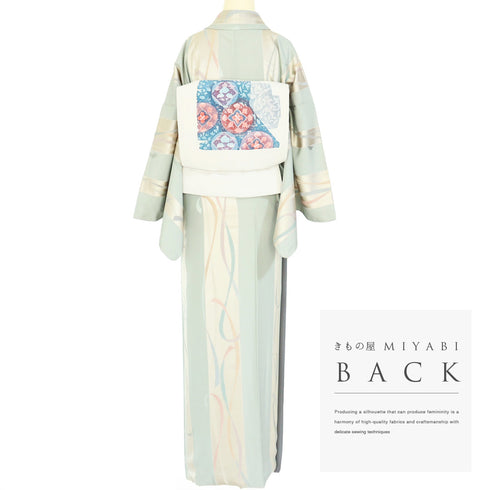 小紋 リサイクル 身丈166.2cm 裄69.8cm 袷 デザイン彩色模様 地紋 グリーン LLサイズ お洒落 カジュアル 正絹 広衿 Sランク