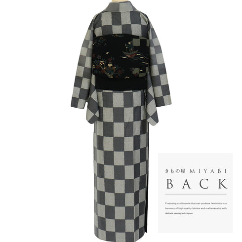 紬 リサイクル 身丈167.8cm 裄68.4cm 袷 石畳柄 木目絞柄 グレー LLサイズ お洒落 カジュアル 正絹 広衿 Sランク