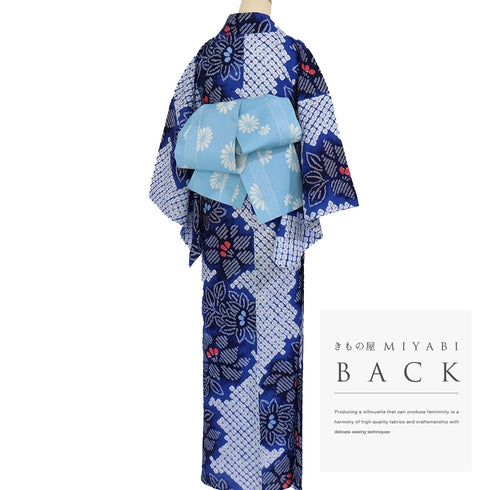 浴衣 リサイクル 夏着物 身丈150.5cm 裄63.5cm 夏物 絞り 花柄 ジュニアサイズ ネイビー Sサイズ カジュアル 木綿 洗える着物 バチ衿 Aランク