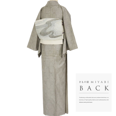 紬 リサイクル 身丈159cm 裄64.6cm 袷 デザイン網目模様 ベージュ Mサイズ お洒落 カジュアル しつけ糸 正絹 広衿 Sランク