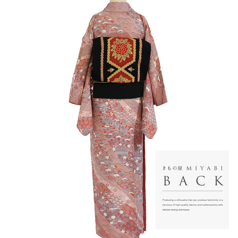 小紋 リサイクル 身丈159.6cm 裄64.4cm 袷 風景に松や菊柄 総柄 ゆったりサイズ ピンク Mサイズ お洒落 正絹 広衿 Sランク