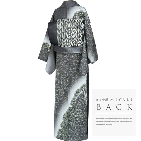 訪問着 リサイクル 身丈156.3cm 裄64.4cm 袷 雪輪染わけや竹柄 グレー Mサイズ お洒落 落款 正絹 広衿 Sランク