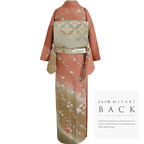 訪問着 リサイクル 身丈160.2cm 裄63.6cm 袷 地紙に花柄 金駒刺繍 ピンク Mサイズ セミフォーマル お洒落 正絹 広衿 Aランク