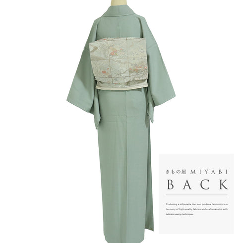 色無地 リサイクル 身丈162.5cm 裄62cm 袷 グリーン Lサイズ セミフォーマル フォーマル 一つ紋 しつけ糸 正絹 広衿 地紋あり Sランク