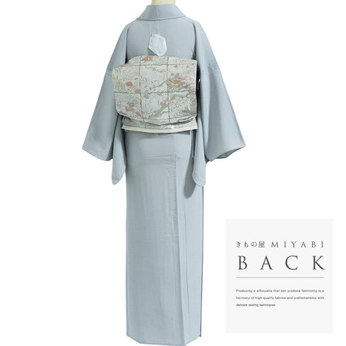 色無地 リサイクル 身丈161cm 裄65.6cm 単衣 グレー Lサイズ セミフォーマル 一つ紋 しつけ糸 正絹 広衿 Sランク