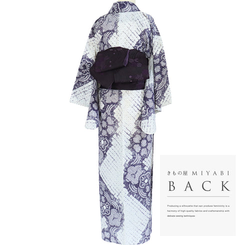 浴衣 リサイクル 夏着物 身丈150.5cm 裄62.8cm 夏物 絞り 花柄 パープル Sサイズ カジュアル 木綿 洗える着物 バチ衿 Aランク