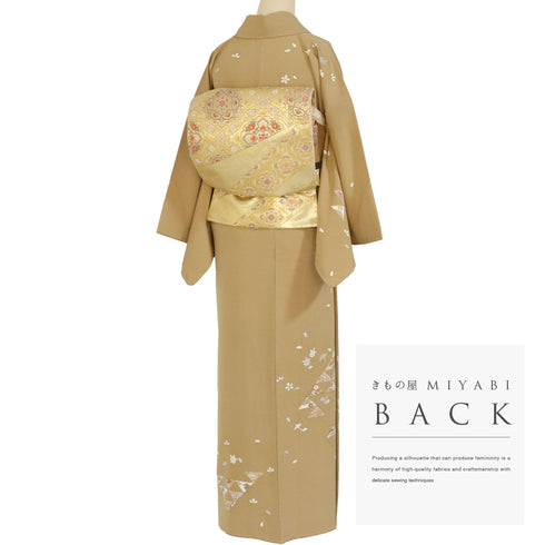 訪問着 身丈161.5cm 裄64.4cm 袷 うろこに宝尽くし柄 金駒刺繍 箔 パールトーン加工 ブラウン Lサイズ セミフォーマル しつけ糸 正絹 広衿 Sランク