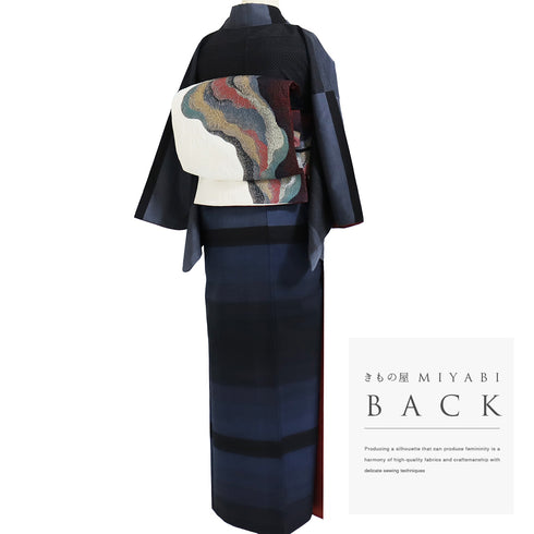 付下げ リサイクル 身丈155.5cm 裄63.2cm 袷 大島紬 ボーダー柄 絣柄 ネイビー サイズ お洒落 カジュアル 正絹 広衿 Aランク