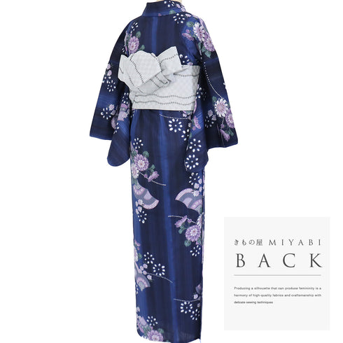 浴衣 リサイクル 夏着物 身丈162.5cm 裄65cm 夏物 花柄 既製品 ブルー Lサイズ カジュアル 木綿 洗える着物 バチ衿 Sランク