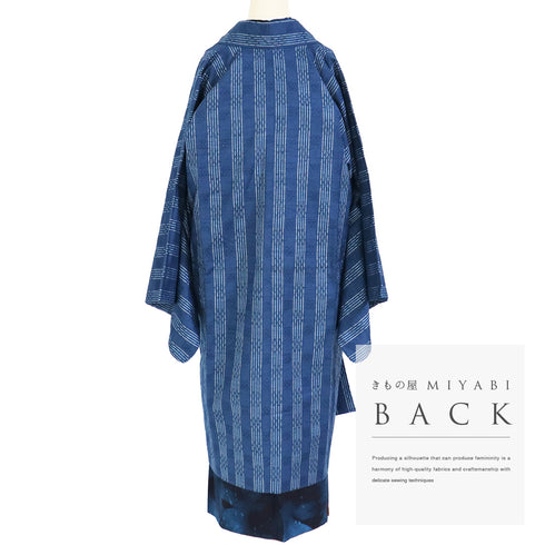 道中着 リサイクル 身丈107.5cm 裄70.4cm 袷 紬 地紋 縞柄 ブルー LLサイズ お洒落 正絹 Sランク