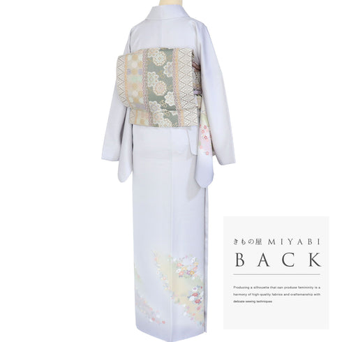 訪問着 リサイクル 身丈163.8cm 裄71.8cm 袷 花丸や華文柄 地紋 金駒刺繍 グレー Lサイズ フォーマル セミフォーマル 正絹 広衿 Sランク