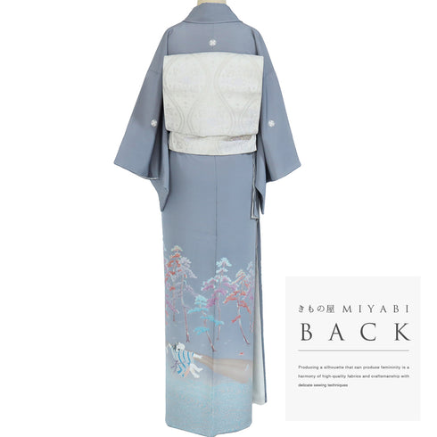 色留袖 リサイクル 身丈152.5cm 裄62cm 袷 童柄 松林柄 地引網風景 比翼付き グレー Sサイズ セミフォーマル 落款 三つ紋 正絹 広衿 Aランク