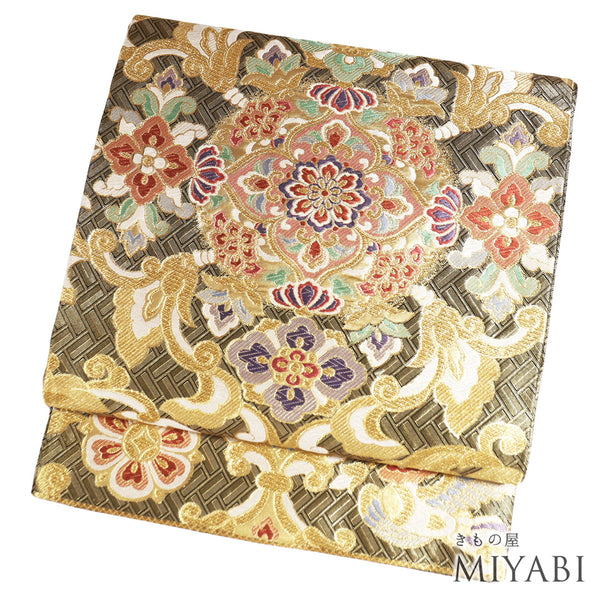 袋帯 リサイクル 帯丈440cm 六通 華紋 鴛鴦柄 ゴールド Mサイズ 正絹 Sランク フォーマル セミフォーマル