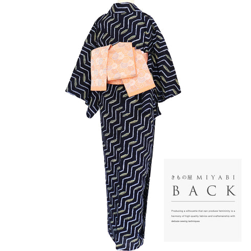 浴衣 リサイクル 夏着物 身丈142.7cm 裄60.4cm 夏物 ジュニアサイズ 幾何学模様 ネイビー 規格外サイズ カジュアル 木綿 洗える着物 バチ衿 Sランク