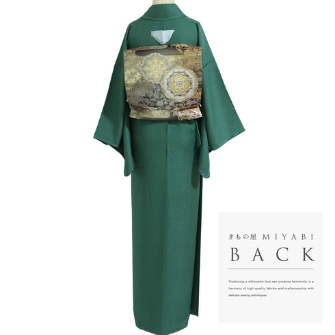 色無地 リサイクル 身丈156.8cm 裄64.4cm 袷 松や菊や紅葉柄 グリーン Mサイズ セミフォーマル お洒落 一つ紋 しつけ糸 正絹 広衿 地紋あり Sランク