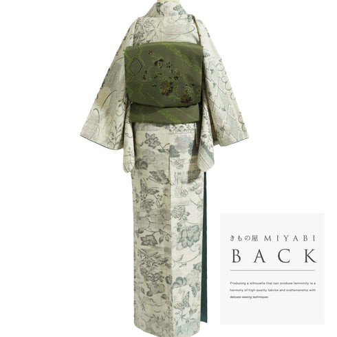 紬 リサイクル 身丈168.8cm 裄66.2cm 袷 花柄 蝶柄 ガード加工 アイボリー LLサイズ お洒落 カジュアル 正絹 広衿 Sランク