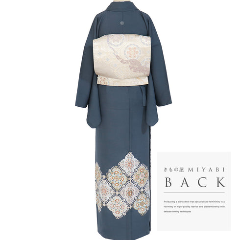 色留袖 リサイクル 身丈163cm 裄66.6cm 袷 華文に唐花柄 箔 金駒刺繍 ネイビー Lサイズ セミフォーマル 落款 一つ紋 正絹 広衿 Sランク