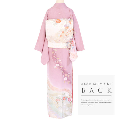 付下げ リサイクル 身丈159cm 裄63cm 袷 道長取りに菊やしだれ花模様 絞り柄 パープル Mサイズ セミフォーマル 一つ紋 正絹 広衿 Aランク