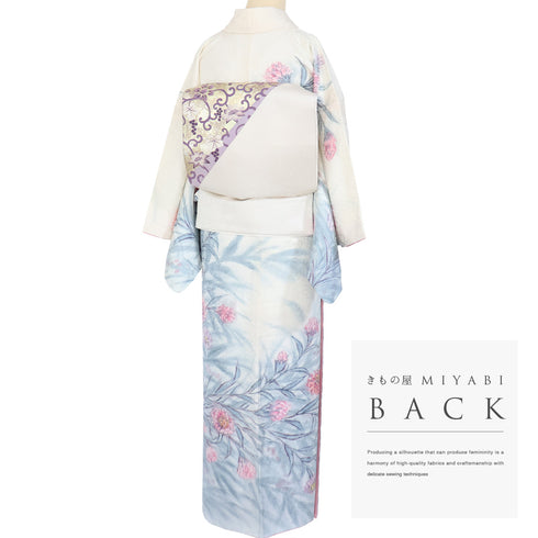 訪問着 リサイクル 身丈160.5cm 裄63.2cm 袷 花柄 地紋 ホワイト Lサイズ お洒落 正絹 広衿 Sランク