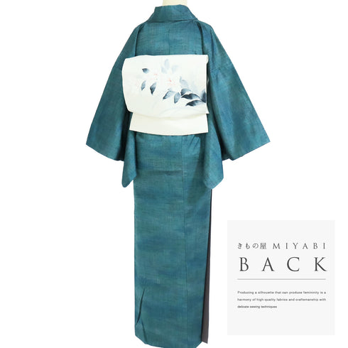 紬 リサイクル 身丈152.8cm 裄62.4cm 袷 ぼかし 縦色糸入り 胴裏・八掛化繊 グリーン Sサイズ カジュアル 正絹 広衿 Sランク