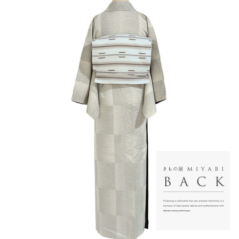 紬 リサイクル 身丈162cm 裄65cm 袷 お召 石畳柄 織りぼかし 地紋 アイボリー Lサイズ お洒落 カジュアル 正絹 広衿 Aランク