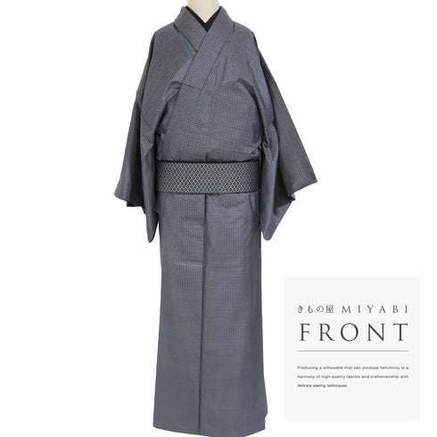 アンサンブル 男物 リサイクル 身丈146.5cm 裄70.6cm 羽織丈97cm 袷 大島 グレー Mサイズ お洒落 カジュアル 証紙 正絹 棒衿 Sランク