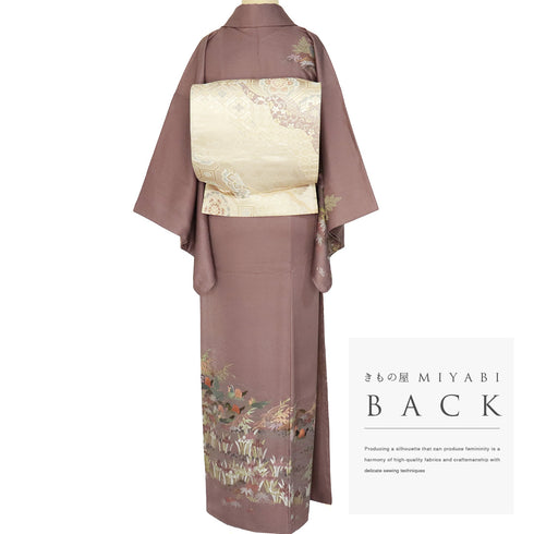 訪問着 リサイクル 身丈156.5cm 裄62.8cm 袷 蘇州刺繍 鴛鴦柄 パープル Mサイズ フォーマル セミフォーマル 落款 しつけ糸 正絹 広衿 Sランク