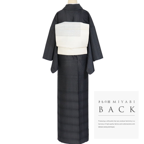 小紋 リサイクル 夏着物 身丈160.5cm 裄62.4cm 夏物 曲線柄 ブラック Lサイズ カジュアル お洒落 不明 広衿 Sランク