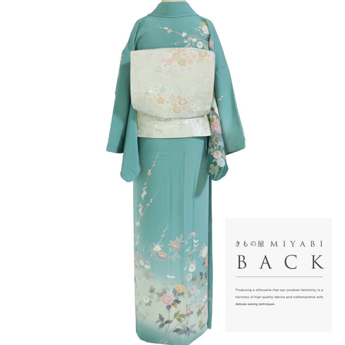 リサイクル 身丈160.5cm 裄66.2cm 袷 菊・牡丹 グリーン Lサイズ セミフォーマル 正絹 広衿 Sランク