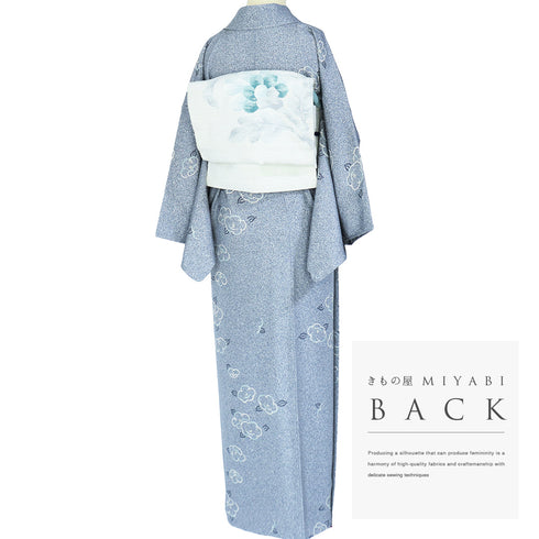 小紋 リサイクル 身丈155cm 裄65.1cm 袷 椿柄 グレー Sサイズ お洒落 カジュアル しつけ糸 正絹 広衿 Sランク