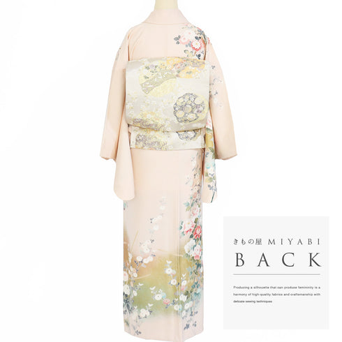 訪問着 リサイクル 身丈157.2cm 裄65.6cm 袷 牡丹に菊柄 金駒刺繍 箔 ピンク Mサイズ セミフォーマル お洒落 正絹 広衿 Sランク