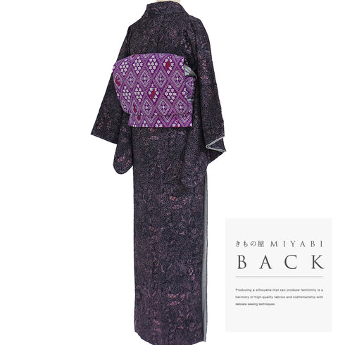 小紋 リサイクル 身丈156.2cm 裄62.6cm 袷 唐草柄 地紋 輝宝織 パープル Mサイズ お洒落 カジュアル 証紙 しつけ糸 正絹 広衿 Sランク