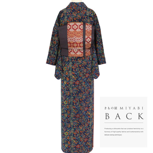 小紋 リサイクル 身丈159cm 裄64cm 袷 唐草柄 ネイビー Mサイズ お洒落 カジュアル 正絹 広衿 Sランク