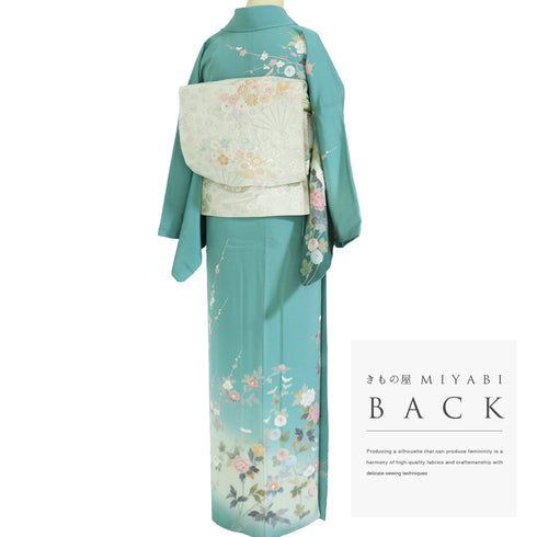 リサイクル 身丈160.5cm 裄66.2cm 袷 菊・牡丹 グリーン Lサイズ セミフォーマル 正絹 広衿 Sランク