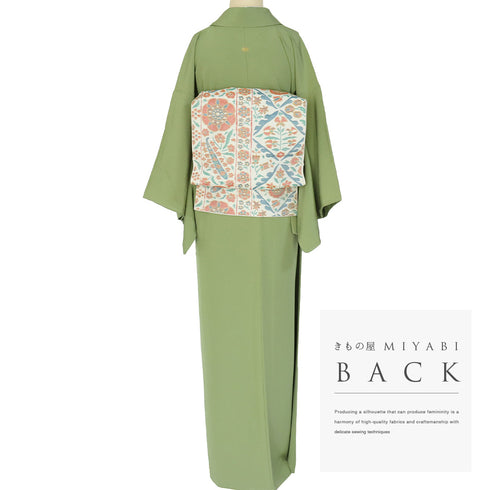 色無地 リサイクル 身丈159.8cm 裄64.4cm 袷 グリーン Mサイズ セミフォーマル 一つ紋 しつけ糸 正絹 広衿 Sランク