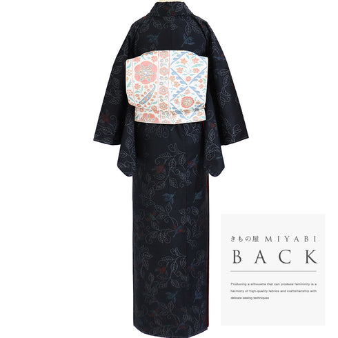 大島紬 リサイクル 身丈158.7cm 裄64.8cm 袷 鳥や葉枝柄 ブラック Mサイズ カジュアル お洒落 しつけ糸 正絹 広衿 Sランク