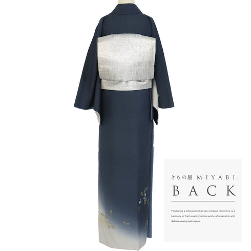 付下げ リサイクル 身丈167.7cm 裄66.4cm 袷 蔦柄 箔加工 ミシン仕立て 胴裏化繊 地紋 ネイビー LLサイズ お洒落 正絹 広衿 Sランク