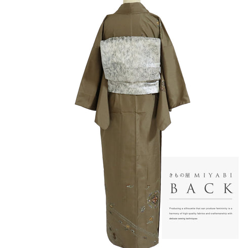 訪問着 リサイクル 身丈159cm 裄65cm 袷 紬 刺繍 華文柄 ゆったり ブラウン Mサイズ お洒落 正絹 広衿 Sランク