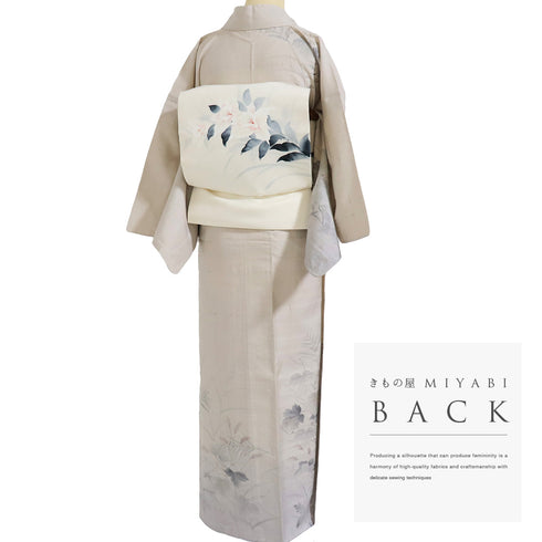 訪問着 リサイクル 身丈157cm 裄64.8cm 単衣 墨絵に草花柄 生紬 結城紬 ベージュ Mサイズ お洒落 正絹 バチ衿 Sランク
