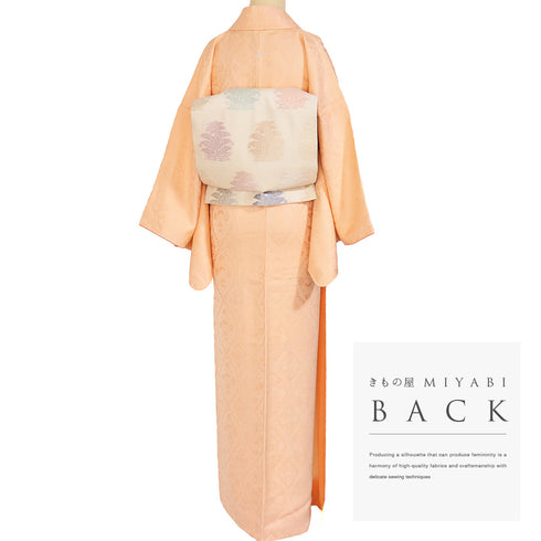 色無地 リサイクル 身丈166.5cm 裄66cm 袷 デザイン菱文様 衿先布付き オレンジ LLサイズ セミフォーマル 正絹 バチ衿 地紋あり Sランク