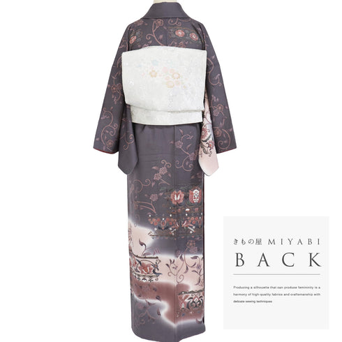 訪問着 リサイクル 身丈155.8cm 裄64.6cm 袷 更紗柄 グレー Mサイズ お洒落 正絹 広衿 Aランク