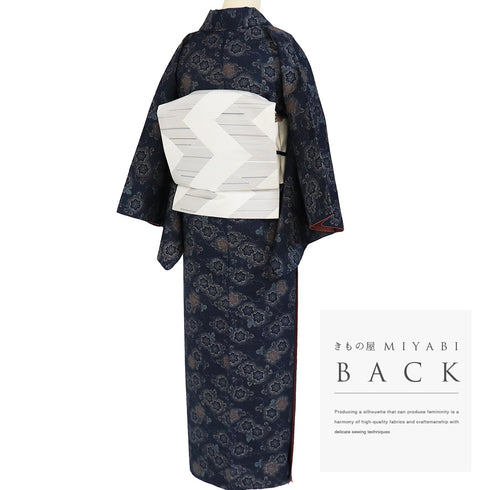 紬 リサイクル 身丈155cm 裄62.4cm 袷 花柄 ネイビー Sサイズ カジュアル お洒落 正絹 広衿 Sランク