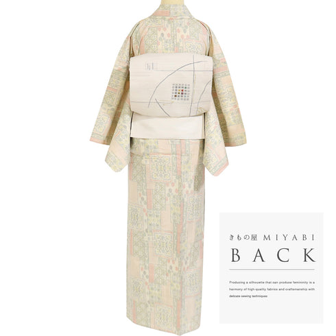 紬 リサイクル 身丈164.8cm 裄66cm 単衣 アイボリー Lサイズ お洒落 カジュアル しつけ糸 正絹 バチ衿 Sランク